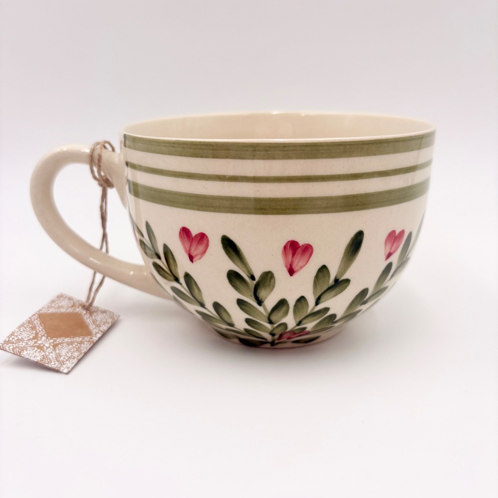 Artisan Hand Painted Oversized Ceramic Mug Pink Hearts Green Vines India NEW